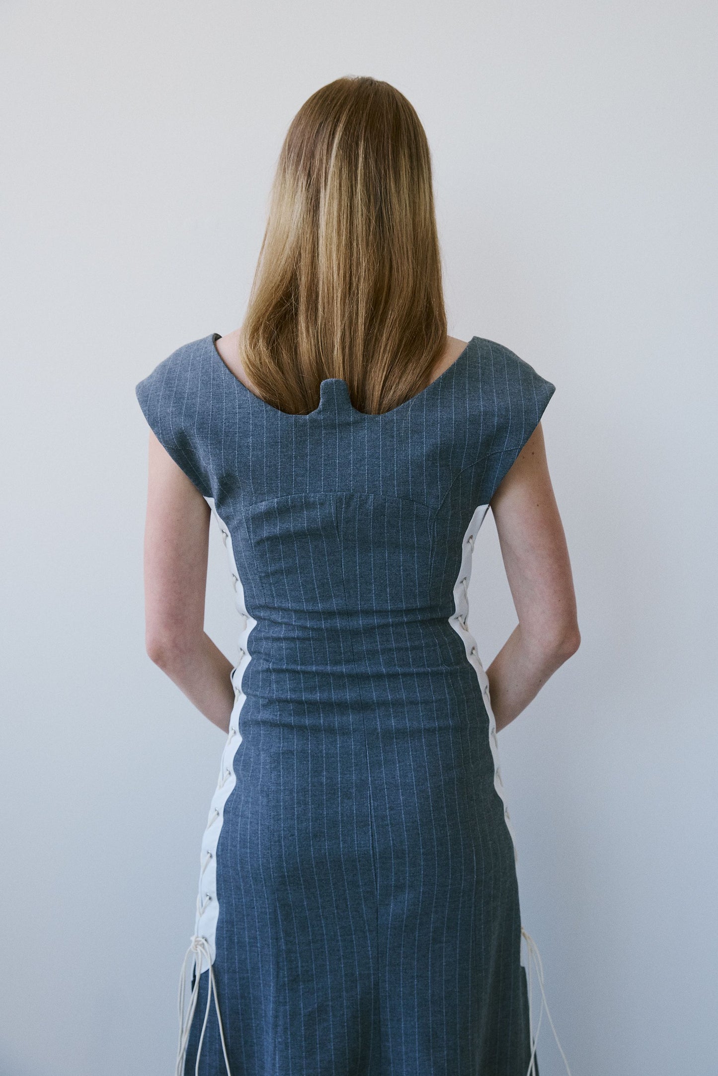 Audrey Corsage Dress - Grey Pinstripe
