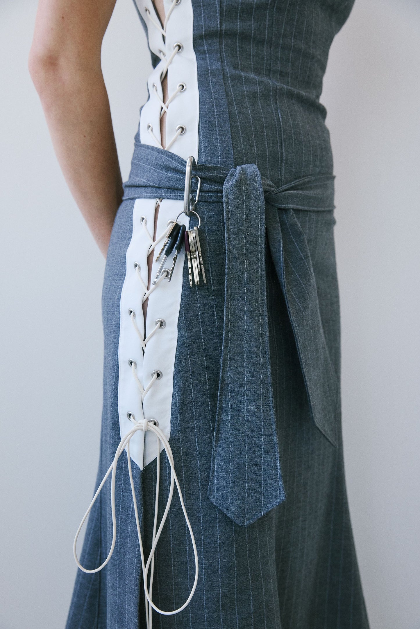 Audrey Corsage Dress - Grey Pinstripe