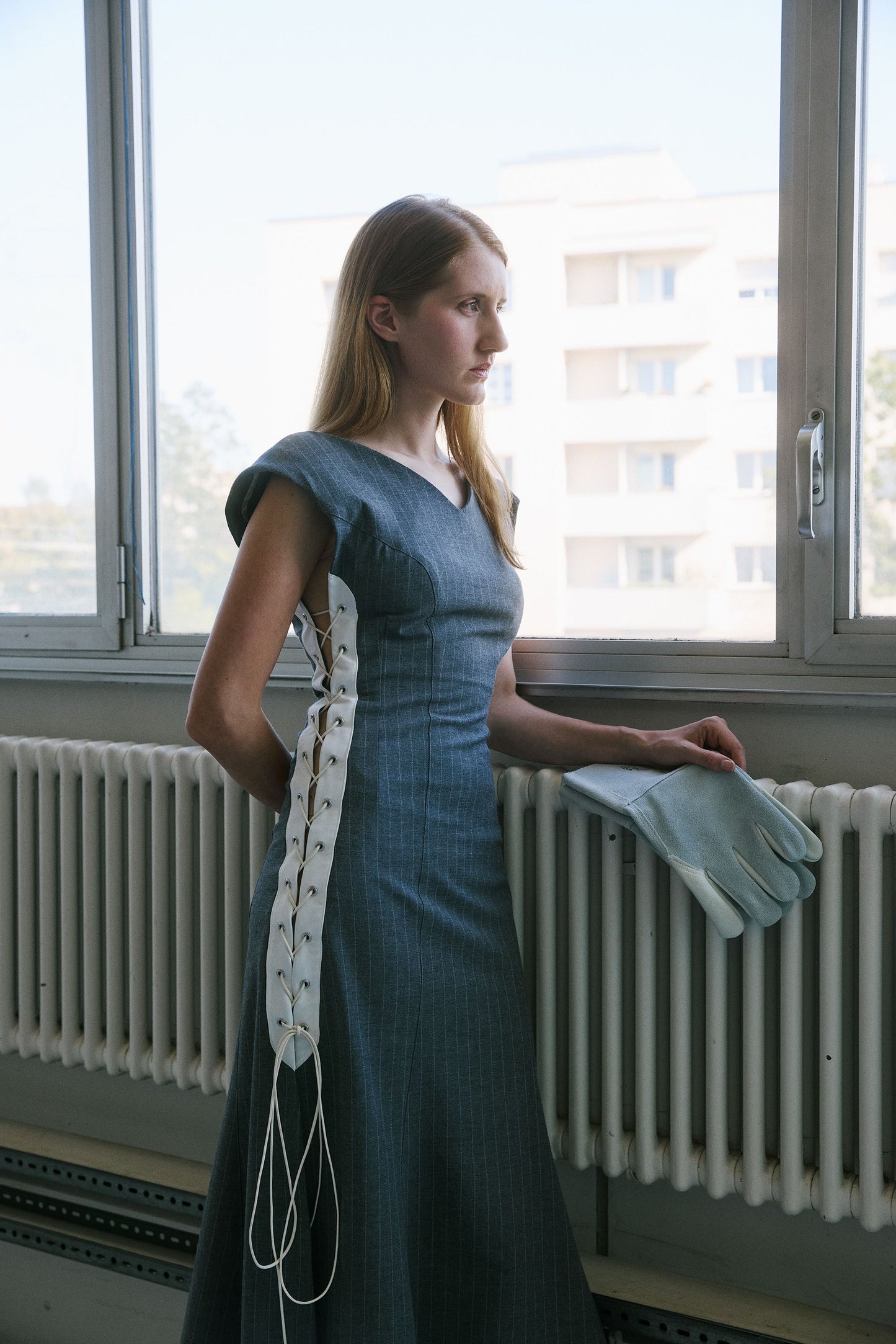Audrey Corsage Dress - Grey Pinstripe