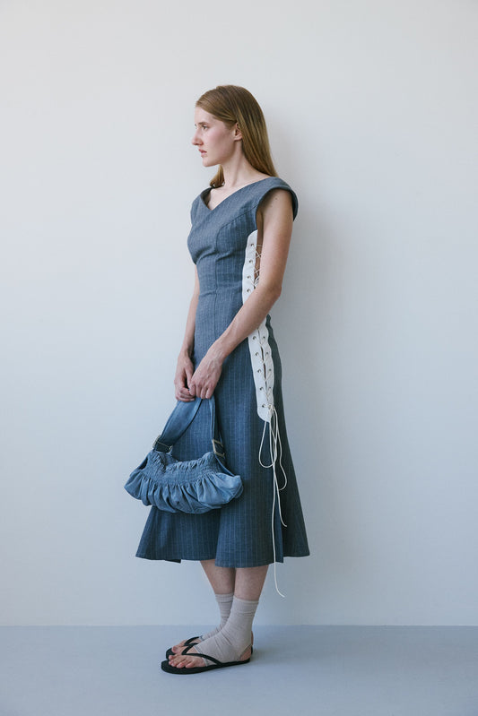 Audrey Corsage Dress - Grey Pinstripe